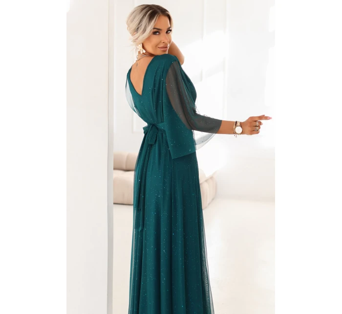 654-1 Dlhé lesklé plus size šaty s výstrihom a priehľadnými rukávmi - fľaškovo zelené 654-1 Dlhé lesklé plus size šaty s výstrihom a priehľadnými rukávmi - fľaškovo zelené