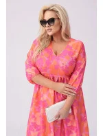 Letné kvetinové ružovo-oranžové šaty (8276)
