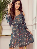 292-2 MARINA splývavé šaty s výstrihom - ZELENÉ S KVETMI