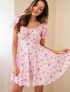 Dámské květinové šaty s nabíraným rukávem a elastickým pasem pudrově růžová