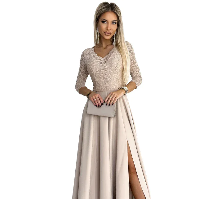 309-10 AMBER čipkované elegantné dlhé šaty s výstrihom a rozparkom na nohách - BEACH