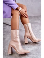 Damskie Lakierowane Botki Kozaki Beżowe Margit
