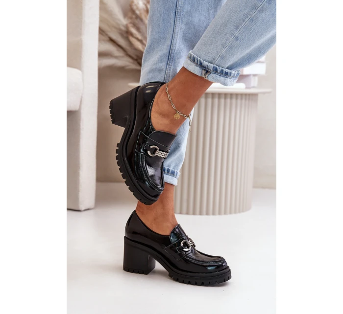 Zazoo 20175 Lakierowane Półbuty Damskie Na Słupku Skóra Naturalna Czarne