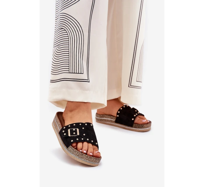 Klapki Damskie Na Platformie Z Klamrą I Ćwiekami Czarne Nusithia