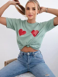 Bavlněná halenka s potiskem srdce tmavá máta