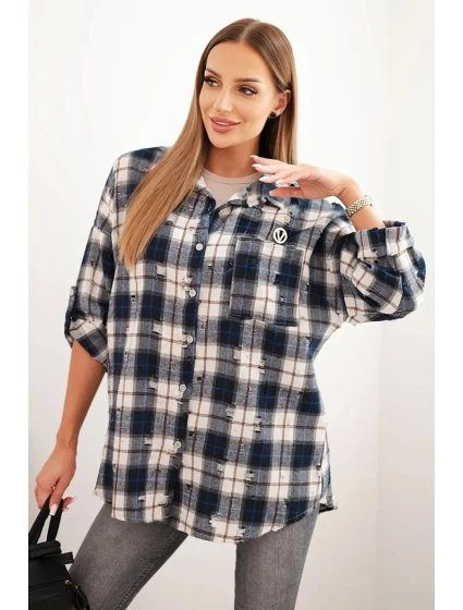 Dámska bavlnená košeľa v kockovanom strihu s efektom opotrebovania modrá Dámska bavlnená košeľa v kockovanom strihu s efektom opotrebovania modrá