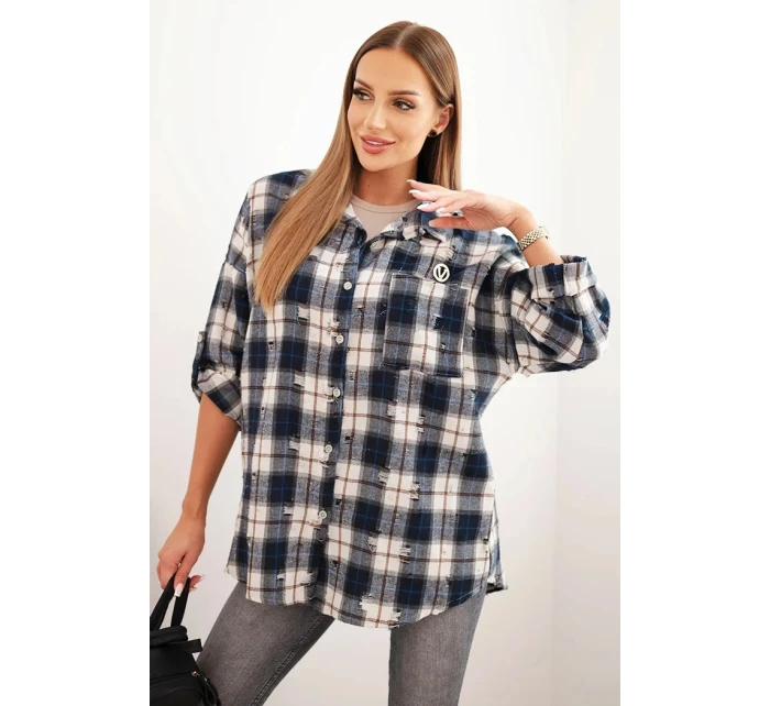 Dámska bavlnená košeľa v kockovanom strihu s efektom opotrebovania modrá Dámska bavlnená košeľa v kockovanom strihu s efektom opotrebovania modrá