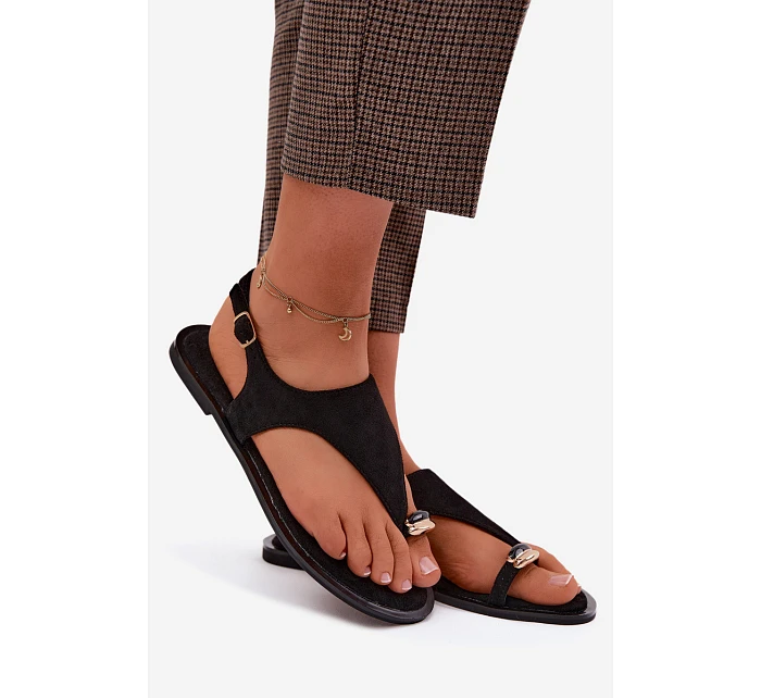 Dámské sandály Ploché se zlatým detailem Eko semiš Černé Jelviane