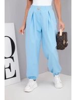 Dámské bavlněné kalhoty s vysokým pasem a ozdobným knoflíkem modré