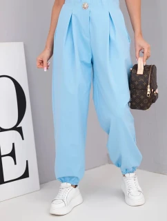 Dámske bavlnené nohavice s vysokým pásom a ozdobným gombíkom modré