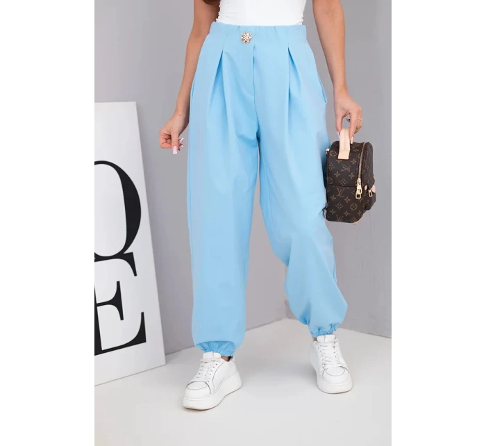 Dámské bavlněné kalhoty s vysokým pasem a ozdobným knoflíkem modré