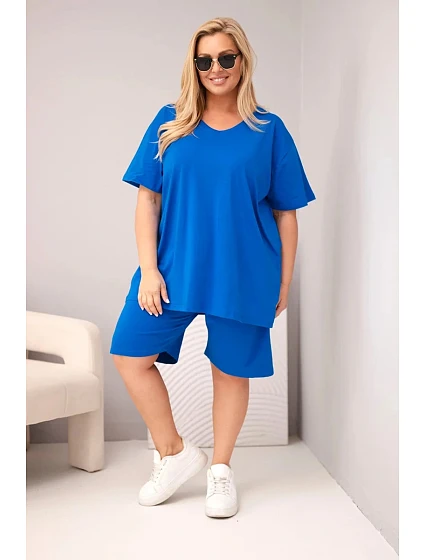 Dámský bavlněný komplet Plus Size s halenkou a kraťasy chrpově modrý Dámský bavlněný komplet Plus Size s halenkou a kraťasy chrpově modrý
