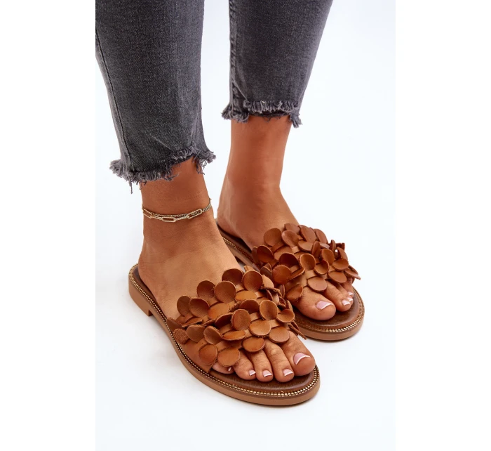 Zazoo 40381 Damskie Skórzane Klapki Na Płaskim Obcasie Brązowe