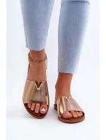 Klapki Damskie Eko Skórzane Na Płaskim Obcasie Złote Maliha