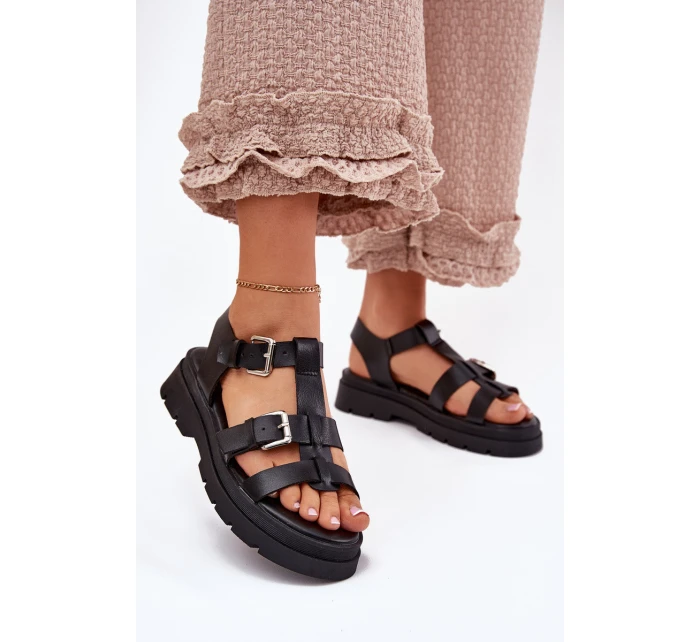 Sandały Damskie Eko Skórzane Z Klamrami Czarne Jeneliena Sandały Damskie Eko Skórzane Z Klamrami Czarne Jeneliena