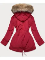 Červená-tmavobéžová dámska zimná bunda s machovou kožušinovou podšívkou (w553)
