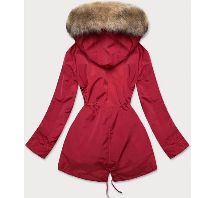 Červená-tmavobéžová dámska zimná bunda s machovou kožušinovou podšívkou (w553)