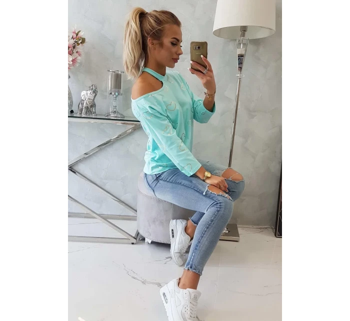 Blúzka s potlačou srdca v mätovej farbe