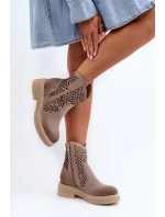 Zazoo 3470 Zamszowe Botki Damskie Na Płaskim Obcasie Ażurowe Cappuccino