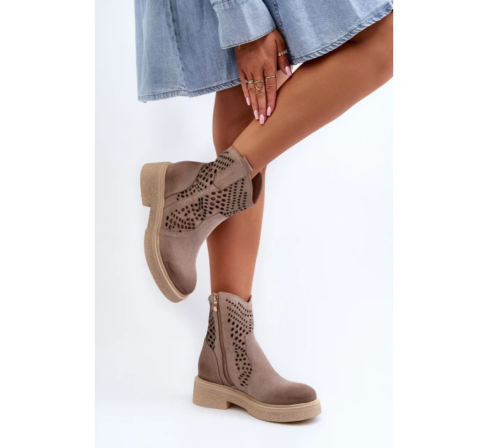Zazoo 3470 Zamszowe Botki Damskie Na Płaskim Obcasie Ażurowe Cappuccino