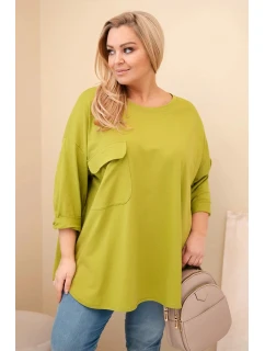 Dámská blůza Plus Size s bavlnou, kapsou a ohrnutým rukávem olivová