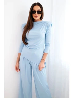Dámský bavlněný komplet s model 21924489 a kalhotami s širokými nohavicemi modrý - K-Fashion