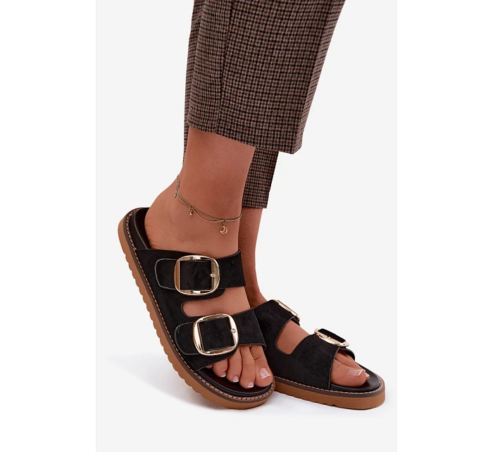 Dámské pantofle z imitace semiše s zlatými přezkami Černé model 22122722 - Boto