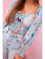 Dámska španielska blúzka s kvetinovým vzorom, dlhý rukáv, modrá