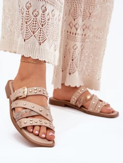 Ozdobené dámské sandály na plochém podpatku se pásky a sponou béžové model 21699529 - Boto