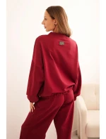 Dámský bavlněný komplet se širokými nohavicemi a mikinou na zip bordový