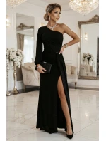 model 21822290 Třpytivé maxi šaty na jedno rameno s asymetrickými rukávy a rozparkem černé - numoco