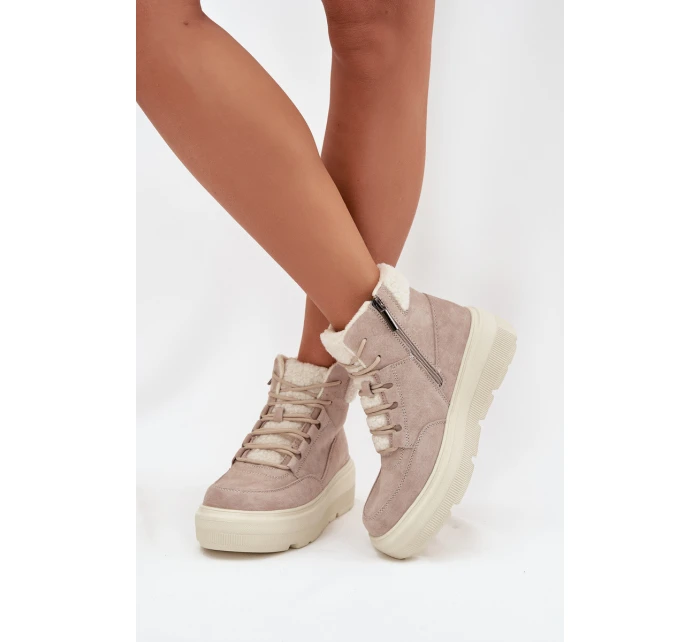 Zamszowe Śniegowce Damskie Z Kożuszkiem Na Platformie Vinceza 95354 Beżowe