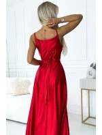 512-5 JULIET elegantné dlhé saténové šaty s výstrihom a rozparkom na nohách - ČERVENÉ