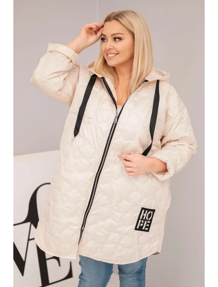 Dámská bunda Plus Size prošívaná s kapucí a nápisem HOPE světlá béžová Dámská bunda Plus Size prošívaná s kapucí a nápisem HOPE světlá béžová