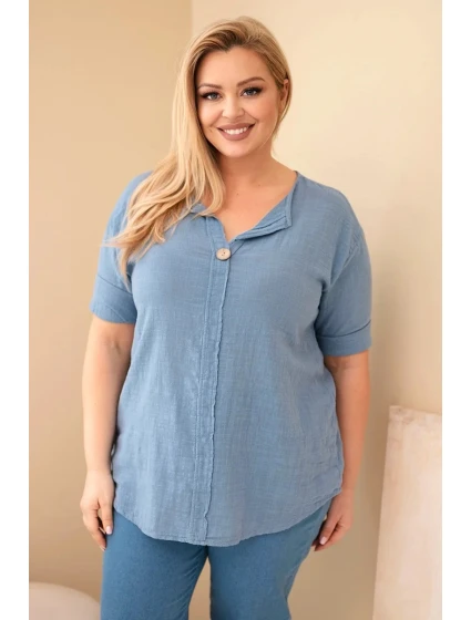 Dámske bavlnené Plus veľkosť blúzka s výstrihom na gombíky Denim