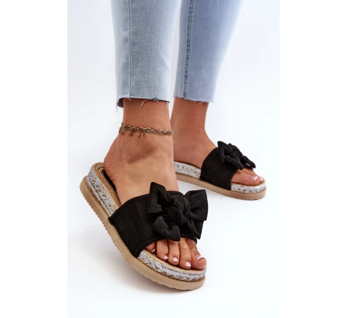 Damskie Klapki Na Platformie Z Kokardą Czarne Aflia Damskie Klapki Na Platformie Z Kokardą Czarne Aflia