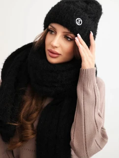 Dámská souprava čepice a šály s proužkem s ozdobou černý