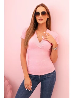 Dámská pruhovaná bavlněná blůza s model 21820455 výstřihem světle růžová - K-Fashion