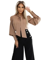 dámská halenka v karamelové barvě v stylu s dlouhými rukávy, vázáním a knoflíky model 20722306 - numoco dámská halenka v karamelové barvě v stylu s dlouhými rukávy, vázáním a knoflíky model 20722306 - numoco