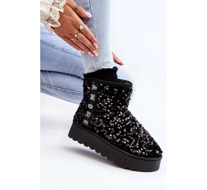 Śniegowce Damskie Na Platformie Zdobione Cekinami Czarne Silmo Śniegowce Damskie Na Platformie Zdobione Cekinami Czarne Silmo
