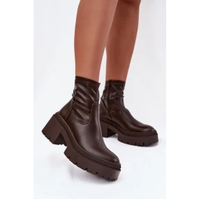 Botki Damskie Na Masywnym Obcasie I Platformie Eko Skórzane Brązowe Elvianne