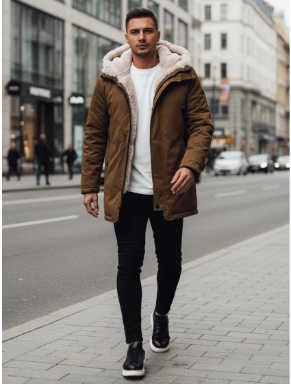Pánská zimní bunda parka s kapucí tmavě béžová Dstreet model 21995071 - FashionStreet Pánská zimní bunda parka s kapucí tmavě béžová Dstreet model 21995071 - FashionStreet