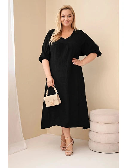 Dámské šaty plus size z bavlněného mušelínu s výstřihem do V černá