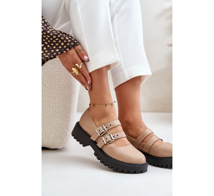 Półbuty Damskie Z Paskami Eko Skórzane Beżowe Terione Półbuty Damskie Z Paskami Eko Skórzane Beżowe Terione