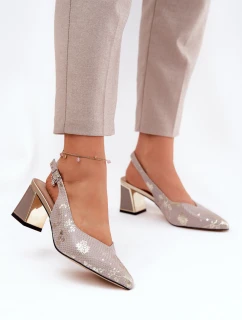 Skórzane Sandały Damskie Na Słupku Ze Szpiczastymi Noskami Vinceza 66733 Złoto-Srebrne