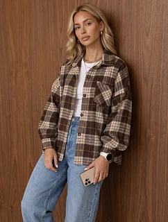 Dámska košeľová bunda s kockovaným vzorom, oversize, hnedá, FashionStreet TY6049