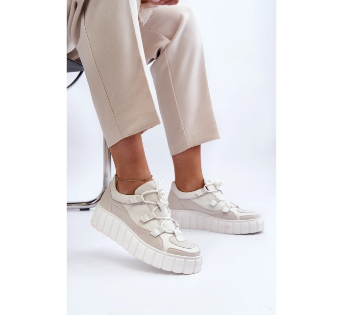 Dámské kožené sportovní boty na platformě model 21646406 světle béžové - Zazoo Dámské kožené sportovní boty na platformě model 21646406 světle béžové - Zazoo