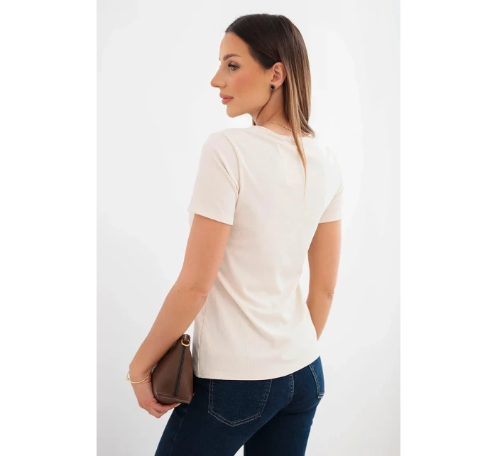 Dámska viskózna rebrovaná blúzka s ozdobným výstrihom béžová