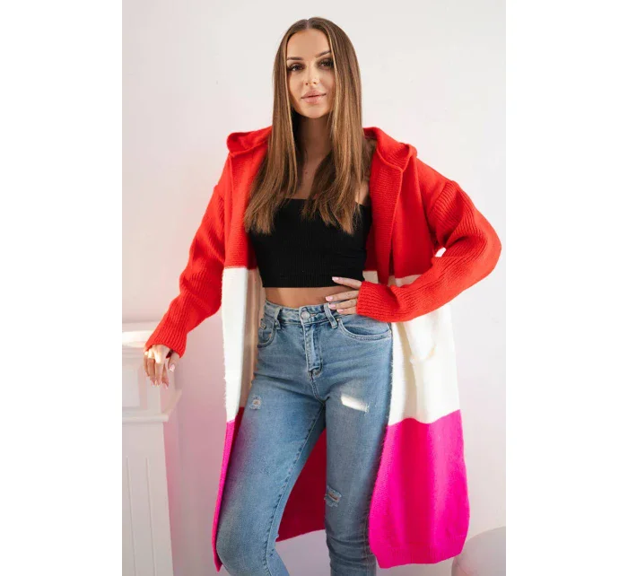 Pruhovaný sveter s kapucňou červený+ružový+ružový neón Pruhovaný sveter s kapucňou červený+ružový+ružový neón