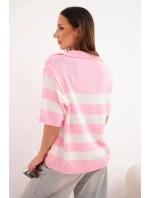Dámsky pruhovaný sveter s golierom a krátkymi rukávmi ružovej farby